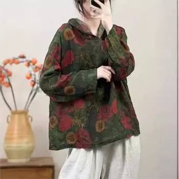 Johnature женская весенняя модная свободная винтажная рубашка с капюшоном и принтом, нишевая рубашка с длинными рукавами в китайском стиле