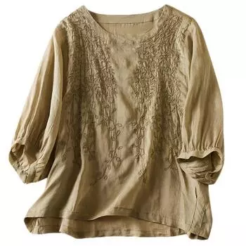 Johnature женская весенняя нишевая однотонная винтажная свободная футболка с вышивкой модная повседневная футболка с круглым вырезом и короткими рукавами