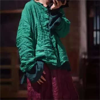 Johnature Женская весенняя нишевая повседневная однотонная рубашка с длинными рукавами, индивидуальная однобортная рубашка с круглым вырезом One Size хаки