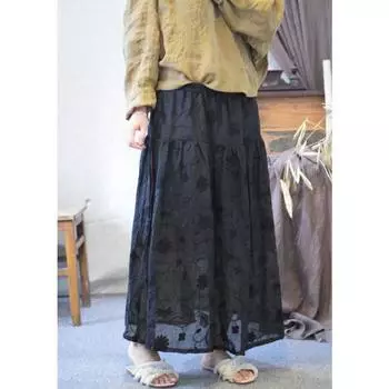 Юбка Johnature Woman Spring Niche Mesh Back с вышивкой в китайском стиле, однотонная винтажная юбка One Size чёрный