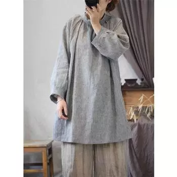 Johnature женская весенняя нишевая винтажная футболка с длинными рукавами и воротником на пуговицах, удобная повседневная свободная винтажная футболка One Size темно серый