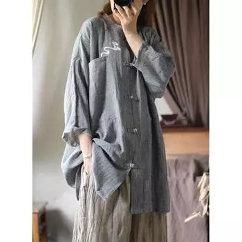 Johnature женская весенняя однобортная винтажная рубашка в китайском стиле для стирки модная свободная повседневная рубашка с пряжкой One Size темно серый