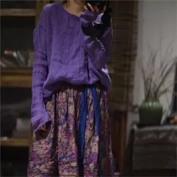 Johnature Женская весенняя однотонная свободная индивидуальная футболка с длинными рукавами, винтажная футболка с нишей и круглым вырезом One Size синий