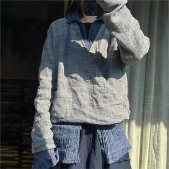 Johnature женская весенняя повседневная футболка с v-образным вырезом в стиле ретро, индивидуальная футболка, модная винтажная футболка в китайском стиле с длинными рукавами One Size