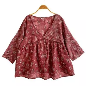 Johnature Женская весенняя повседневная винтажная футболка с v-образным вырезом и принтом, модная винтажная футболка в китайском стиле в стиле ретро M красный