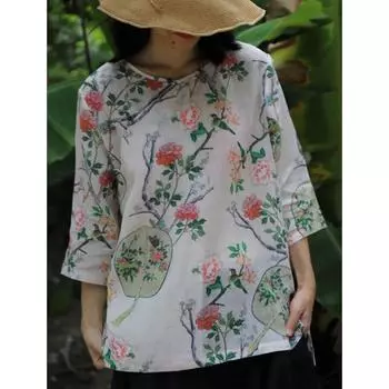 Johnature Женская весенняя рубашка с круглым вырезом и принтом в винтажном стиле, повседневная рубашка, модная индивидуальная рубашка с длинными рукавами в китайском стиле M светло-зеленый