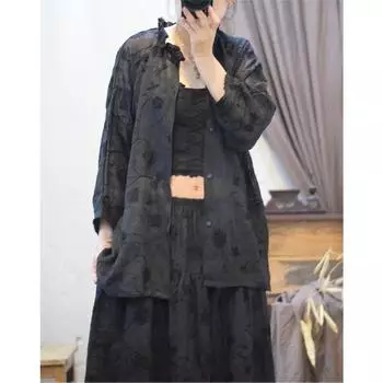 Johnature Женская весенняя вышитая рубашка с длинными рукавами, однобортная рубашка в китайском стиле, винтажная рубашка One Size чёрный