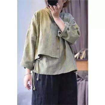 Johnature Женская рубашка с длинными рукавами из жаккардовой ткани в винтажном стиле с эффектом весенней стирки One Size кофейный