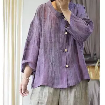 Johnature Женская весенняя свободная рубашка в стиле ретро, винтажная однотонная рубашка с длинными рукавами One Size фиолетовый