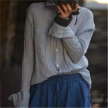 Johnature Женская весенняя винтажная рубашка в однотонном стиле с длинными рукавами, повседневная рубашка в китайском стиле в стиле ретро One Size темно-синий