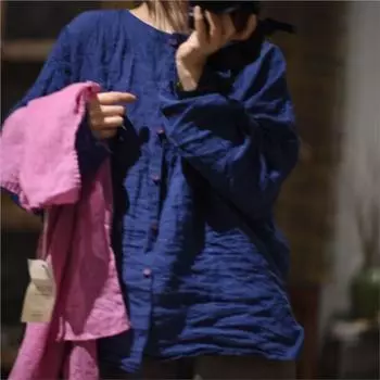 Johnature женская весенняя винтажная рубашка в китайском стиле с круглым вырезом и длинными рукавами, повседневная однобортная рубашка в стиле ретро в стиле ретро One Size кофейный