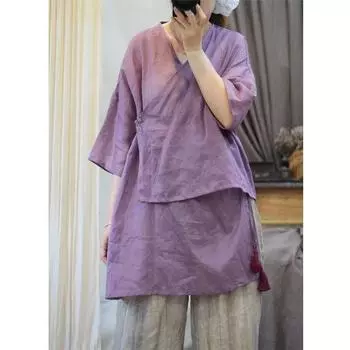 Johnature женская весенняя винтажная рубашка в китайском стиле с короткими рукавами однотонная рубашка One Size светло-серый