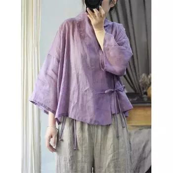 Johnature Женская весенняя винтажная рубашка в китайском стиле, однотонная модная повседневная рубашка в стиле ретро