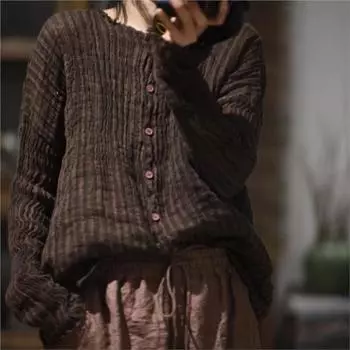 Johnature Женская весенняя винтажная рубашка в контрастную полоску, модная однобортная рубашка с длинными рукавами и круглым вырезом One Size красный