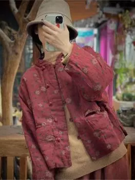 Johnature женская винтажная льняная хлопковая одежда с цветочным принтом, однобортная хлопковая одежда с длинными рукавами One Size кофейный