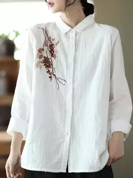 Johnature женская винтажная вышитая хлопковая рубашка с отложным воротником Повседневная блузка с длинными рукавами весенние свободные рубашки One Size белый