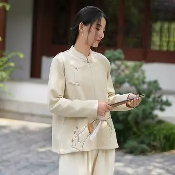 Johnature Женская вышитая цветочная стойка толстовки с длинным рукавом в китайском стиле ткани осенний однотонный пуловер толстовка M бежевый