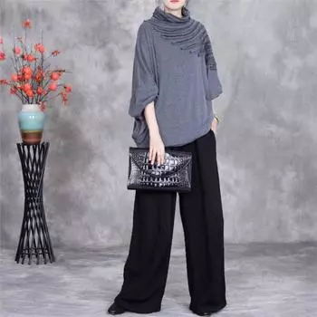 Johnature Женская зимняя футболка свободного кроя с высоким воротом и длинными рукавами, однотонная футболка One Size чёрный