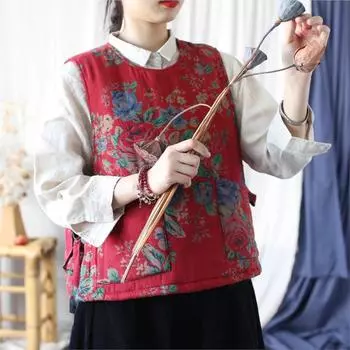 Johnature Женская зимняя мода принт винтажный стиль свободный ретро с круглым вырезом китайский стиль повседневные топы One Size синий