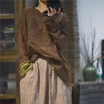 Johnature Женская зимняя нишевая однотонная повседневная винтажная футболка, модная повседневная футболка с длинными рукавами и V-образным вырезом One Size зелёный