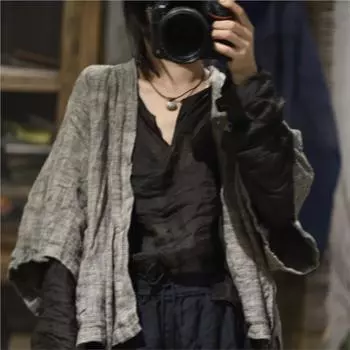 Johnature Женская зимняя нишевая повседневная однотонная рубашка с коротким рукавом в винтажном ретро-стиле One Size чёрный