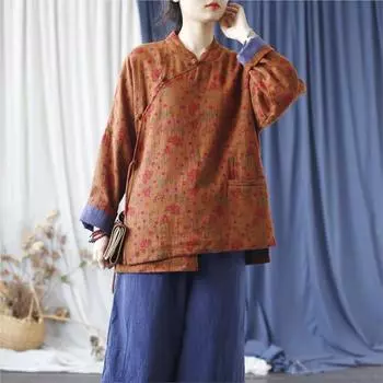 Johnature Женская зимняя рубашка с принтом в винтажном ретро-китайском стиле, модная свободная рубашка с длинными рукавами One Size оранжевый