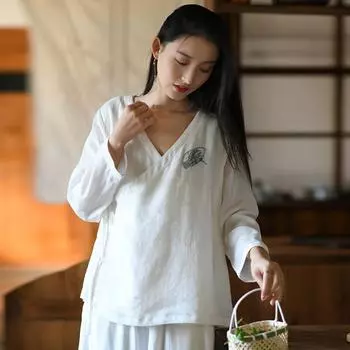 Johnature Женские бандажные рубашки в китайском стиле с v-образным вырезом и цветочной вышивкой, топы с длинными рукавами, весенние однотонные рубашки M светло-синий