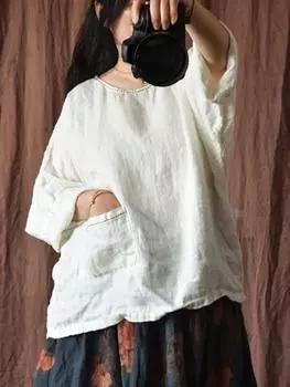 Johnature женские белые льняные футболки, топы, летние футболки с семью рукавами и карманами, винтажные футболки с вышивкой One Size белый