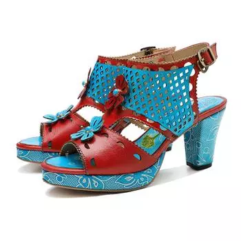 Johnature женские босоножки на высоком каблуке из натуральной кожи с ручной росписью в стиле ретро и контрастной женской обуви в этническом стиле 36 синий