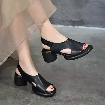 Johnature/женские босоножки на высоком каблуке с открытым носком, винтажная удобная обувь ручной работы из натуральной кожи на толстом каблуке