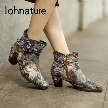 Johnature/женские ботильоны в этническом стиле в стиле ретро, женские ботинки на молнии с круглым носком и принтом, осень-зима, лаконичные ботинки ручной работы на платформе с шитьем