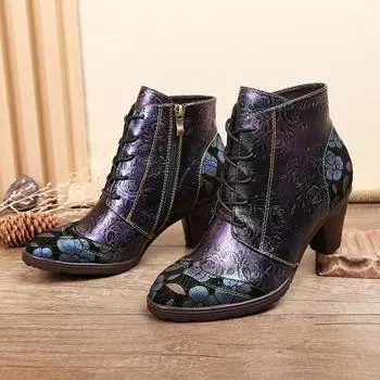 Johnature, женские ботинки из натуральной кожи в этническом стиле с тиснением в стиле ретро, модные ботинки с боковой молнией, женская обувь на высоком каблуке 36 фиолетовый