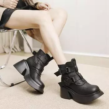 Johnature/женские ботинки из натуральной кожи на толстом каблуке и толстой подошве, ботинки на высоком каблуке в стиле ретро с круглым носком