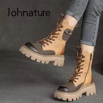 Johnature/женские ботинки из натуральной кожи, зимняя женская обувь на молнии с круглым носком, ботильоны на платформе в стиле ретро 35 кофейный