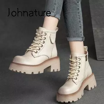Johnature/женские ботинки из натуральной кожи, зимняя женская обувь на молнии с круглым носком, ботильоны ручной работы в стиле ретро с шитьем