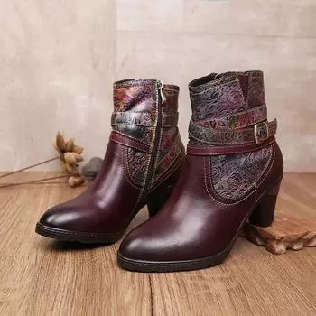 Johnature/женские ботинки из натуральной кожи в этническом стиле с тиснением в стиле ретро, модные короткие сапоги на высоком каблуке с пряжкой на ремне 36 чёрный