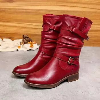 Johnature, женские ботинки с пряжкой в стиле ретро, длинные сапоги из натуральной кожи в этническом стиле, красная женская обувь с круглым носком 36 красный