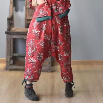 Johnature Женские брюки-шаровары с винтажным принтом и цветочным принтом, широкие брюки с эластичной резинкой на талии и летними карманами One Size