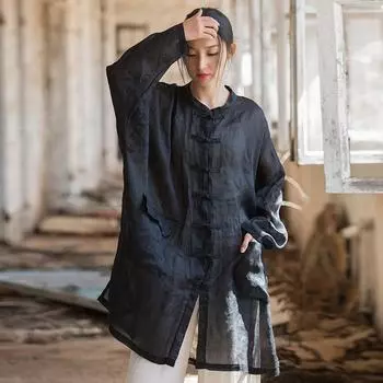 Johnature женские черные рубашки рами весенние блузки с длинными рукавами и пуговицами свободные карманы женские рубашки топы One Size чёрный