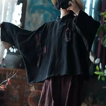 Johnature Женские черные рубашки в китайском стиле, винтажные блузки с рукавами «летучая мышь», свободные рубашки на весенних пуговицах для женщин чёрный