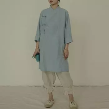 Johnature женские длинные рубашки со стойкой в китайском стиле, однотонные хлопковые топы, осенние винтажные блузки на пуговицах с девятью рукавами M синий