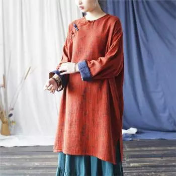 Johnature женские длинные рубашки трапециевидной формы в китайском стиле с круглым вырезом и длинным рукавом, весенние винтажные рубашки с цветочным принтом One Size оранжевый