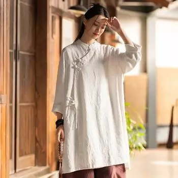 Johnature женские длинные рубашки в китайском стиле с рукавами-стойками, весенние топы на пуговицах, однотонные винтажные блузки One Size серый