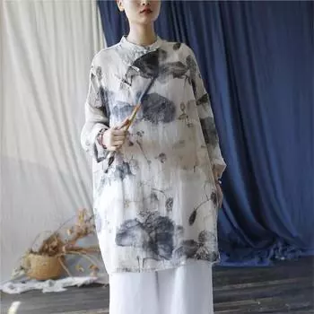 Johnature Женские длинные рубашки в китайском стиле с длинными рукавами и цветочным принтом, осенние блузки с пуговицами и А-силуэтом One Size