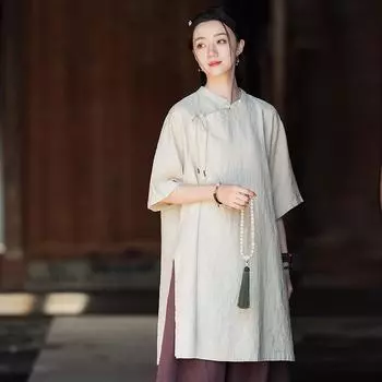 Johnature Женские длинные рубашки в китайском стиле, топы, летние однотонные блузки на пуговицах с короткими рукавами One Size бежевый