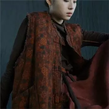 Johnature женские длинные жилеты с винтажным принтом и цветочным принтом, пальто с v-образным вырезом, весенние пуговицы, китайский стиль, карманы, женские жилеты, пальто One Size темно-коричневого