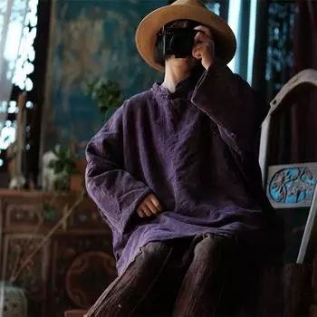 Johnature Женские зимние пальто в китайском стиле с длинным рукавом и стеганым воротником из хлопка и льна с длинными рукавами One Size темно-фиолетового