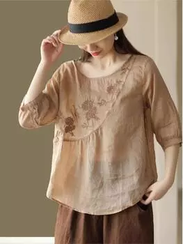 Johnature женские футболки рами с вышивкой и цветочным принтом, летние футболки высокого качества с круглым вырезом и короткими рукавами, однотонные футболки