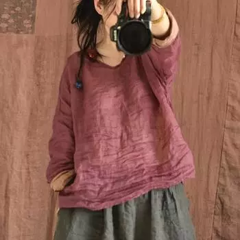 Johnature женские футболки Ramie высокого качества, однотонные футболки с длинными рукавами и круглым вырезом, весенние женские футболки в китайском стиле One Size темно-фиолетового