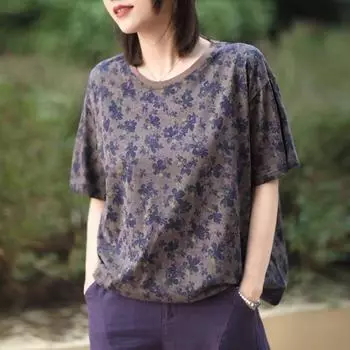 Johnature женские футболки с цветочным принтом, летние футболки из смеси хлопка с круглым вырезом и короткими рукавами, повседневные футболки, женская одежда One Size фиолетовый